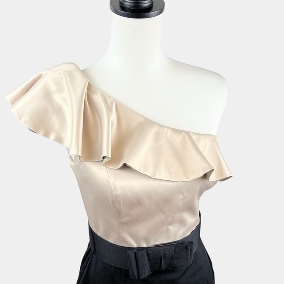 WHBM Cocktail Dress Size 2 One Shoulder Bodycon Ruffle Gold Black Belted Lined - Picture 2 of 13